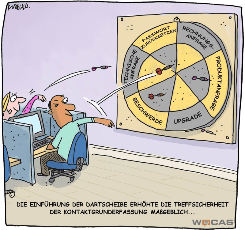 Cartoon: Servicemitarbeiter werfen Dartpfeile auf eine Dartscheibe, die flächenmäßig auf verschiedene Kategorien aufgeteilt ist. Cartoon-Text: Die Einführung der Dartscheibe erhöhte die Treffsicherheit der Kontaktgrunderfassung maßgeblich...